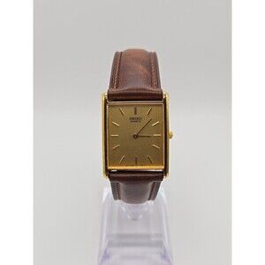 Vintage Seiko Tank Gold Tone Quartz Watch 7N00 Unisex Brown Leather New Battery